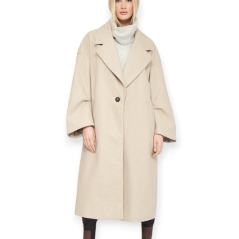 Zara Tan Long Pea Coat Oversized One Button Neutral XS - Picture 2 of 13